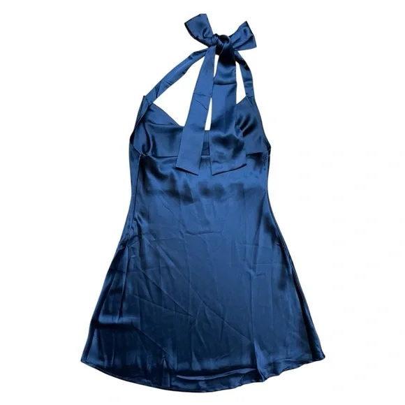 Navy Draped Cowl Neck Satin Sleeveless Dress - Picture 8 of 12